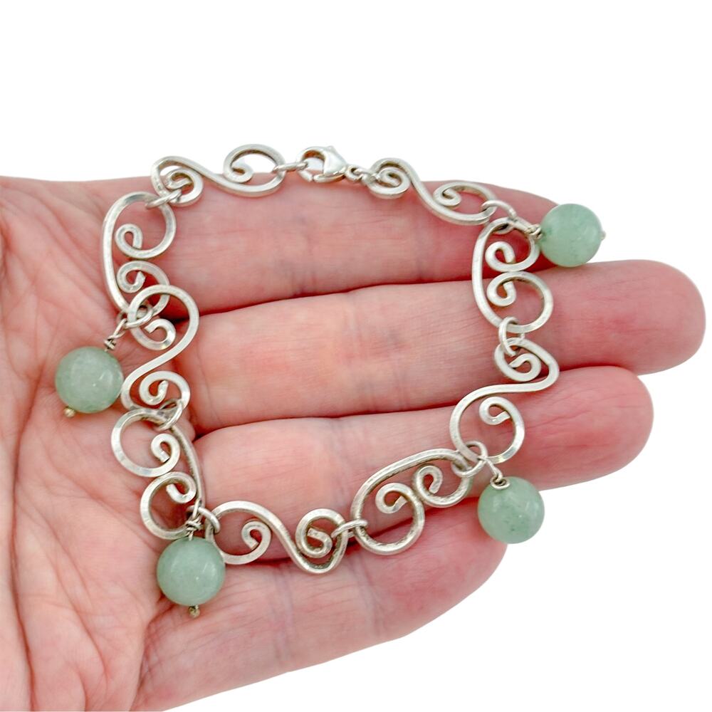 Vintage Sterling Silver 925 Jadeite Bead Charms Scroll Link Bracelet8 Inches